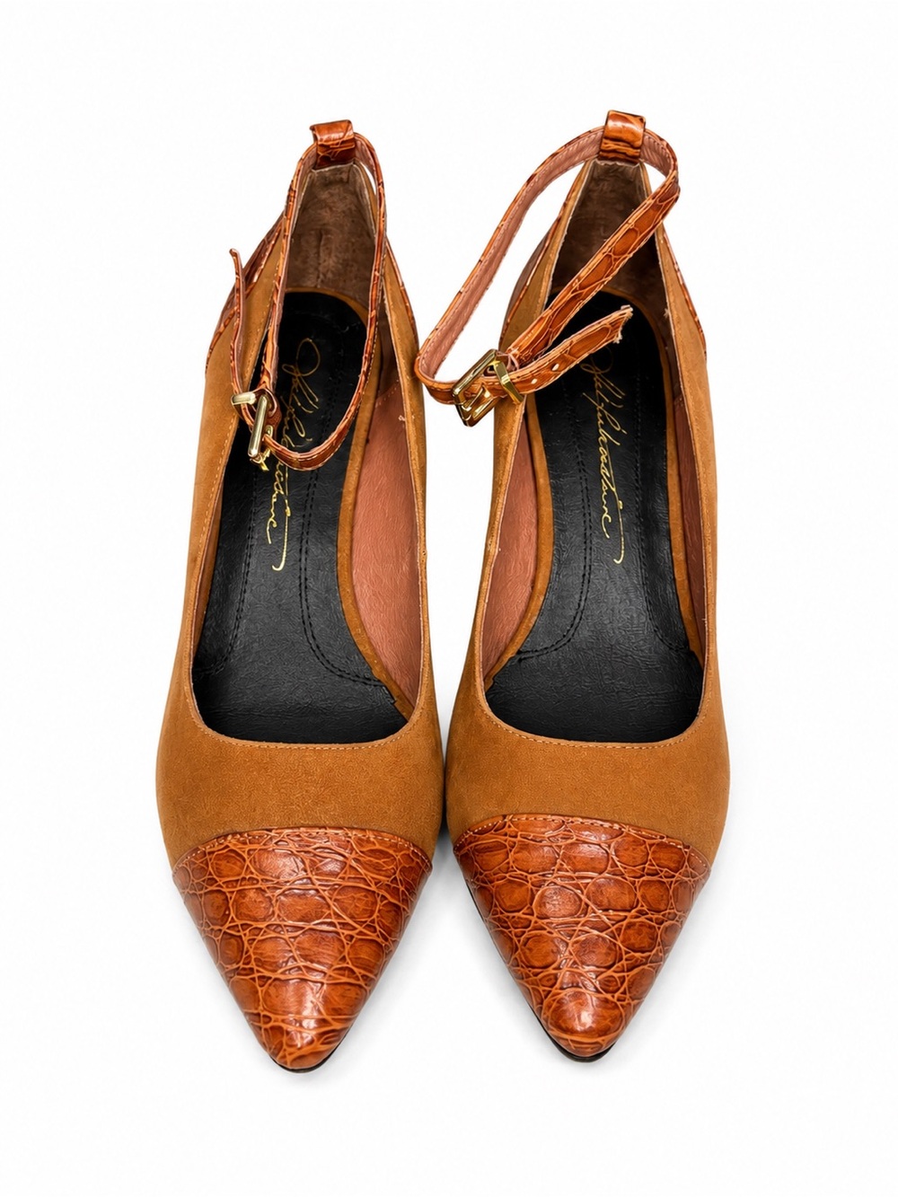 Hal Rubenstein Tan Suede Croc Embossed Pointed Toe Ankle Strap Pumps Size 10